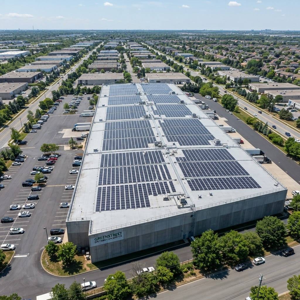 Aerial view of a commercial building rooftop covered in solar panels